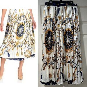 mōd x Woven Nautical Print Pleated Elastic Back Knit Lined Maxi Skirt ,S